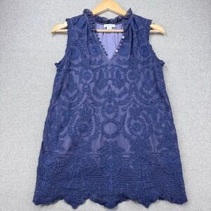 Sundance Tank Top Women XS Blue Embroidered Mesh Lace Boho Ruffle V-Neck Blouse